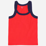 Kids red cotton sleeveless vest with navy blue trim, comfortable innerwear