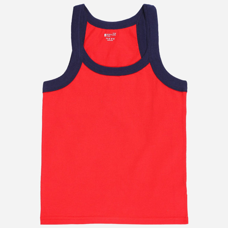 Kids red cotton sleeveless vest with navy blue trim, comfortable innerwear