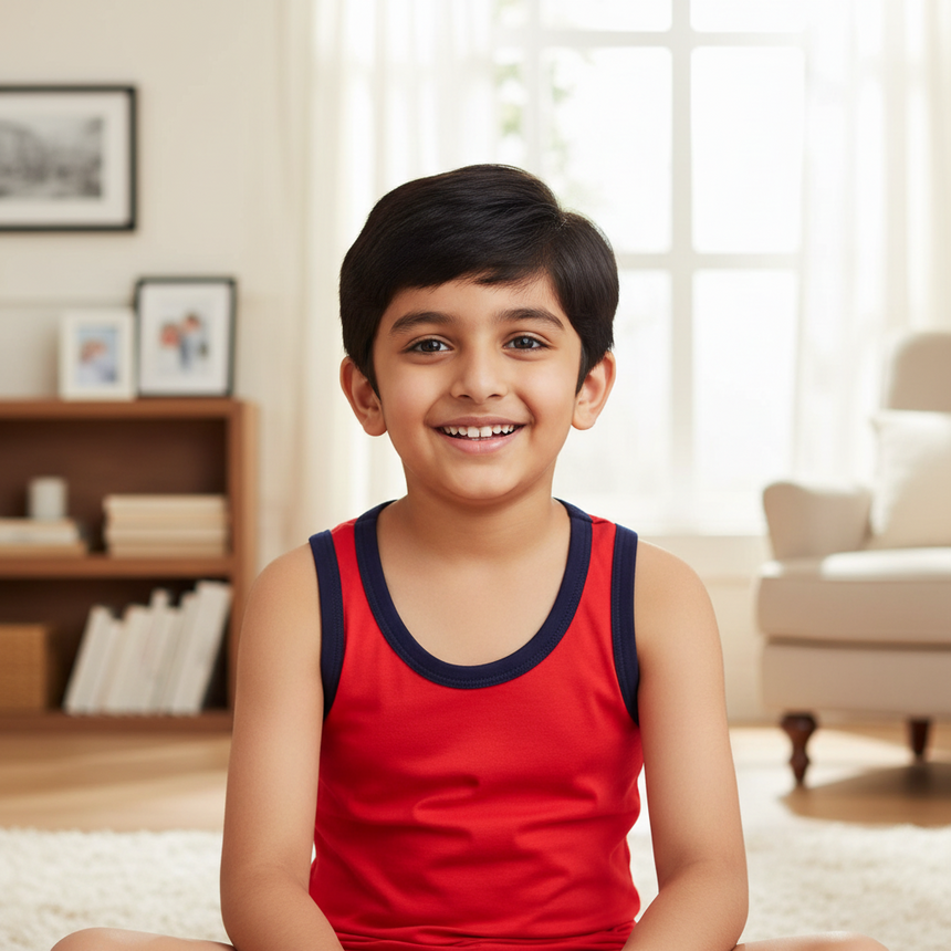 Smiling boy wearing red kids sleeveless innerwear vest in a bright living room
