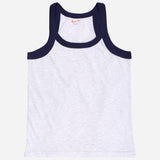 Kids sleeveless vest, light grey with navy blue trim, innerwear apparel.