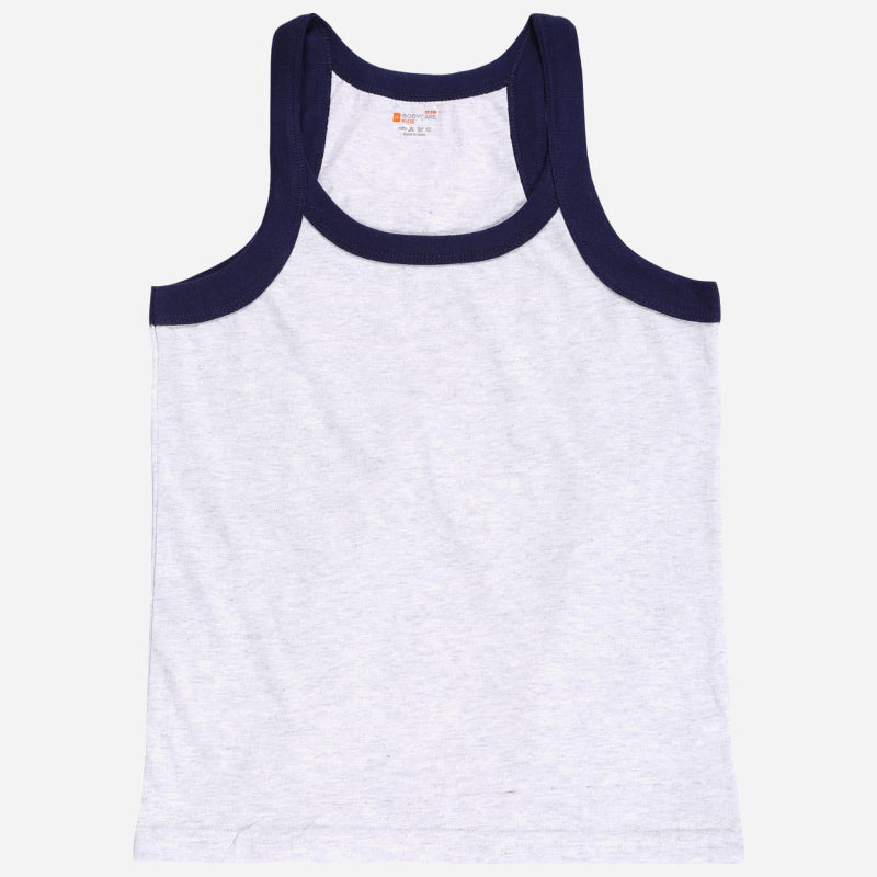 Kids sleeveless vest, light grey with navy blue trim, innerwear apparel.