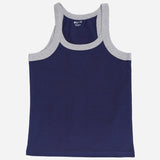 Kids navy blue sleeveless vest with grey trim, soft cotton innerwear for boys