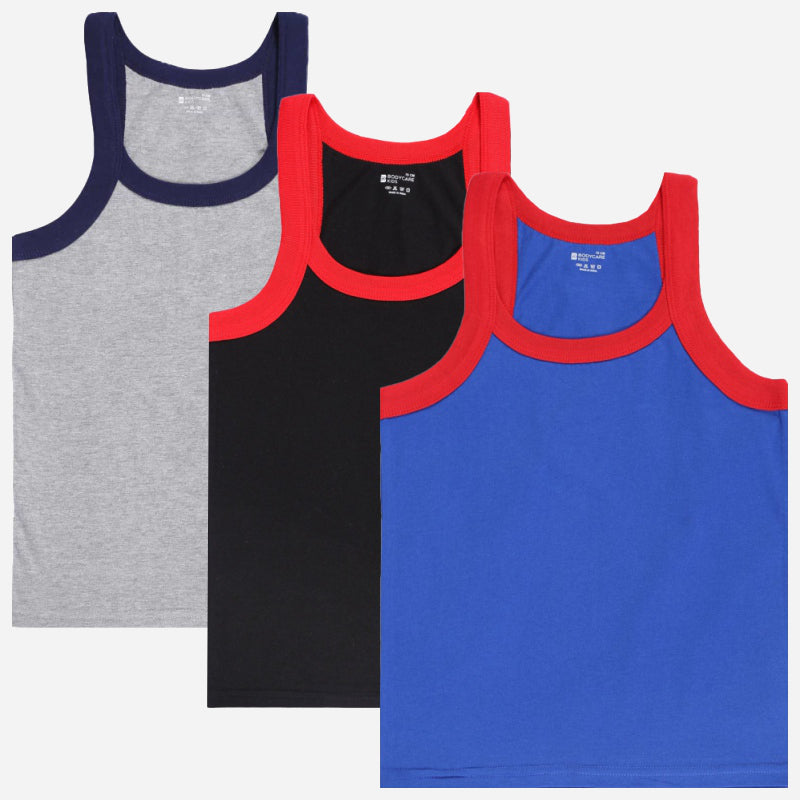 Boys sleeveless cotton vests multipack in blue, black, and grey with contrast trims