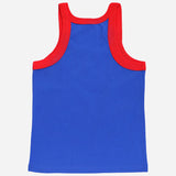 Kids blue sleeveless innerwear vest with red shoulder trim on white background