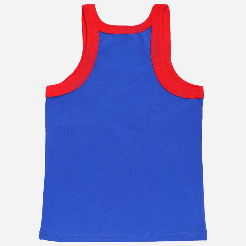 Kids blue sleeveless innerwear vest with red shoulder trim on white background
