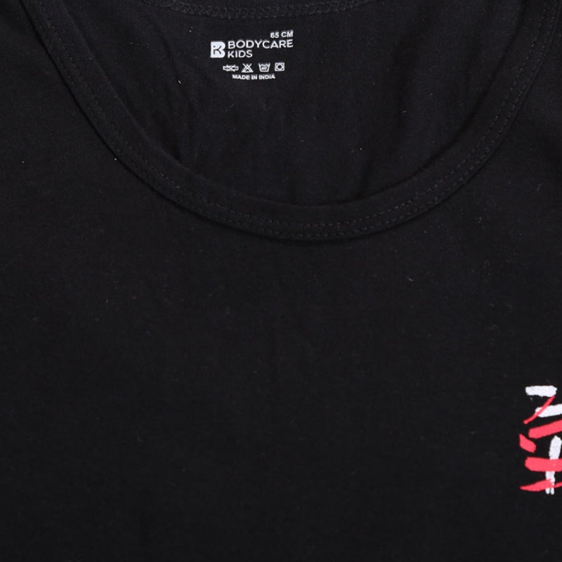 Black kids innerwear cotton tank top with round neckline and small red and white print