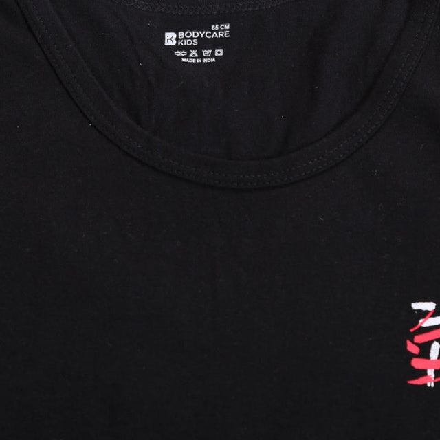 Black kids innerwear cotton tank top with round neckline and small red and white print