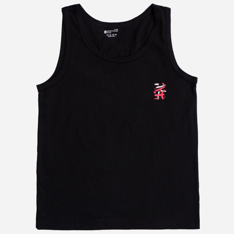 Black kids cotton vest tank top with small pink and white chest graphic on plain background
