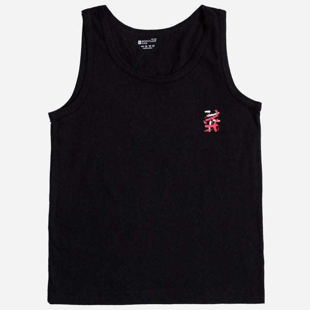 Black kids cotton vest tank top with small pink and white chest graphic on plain background