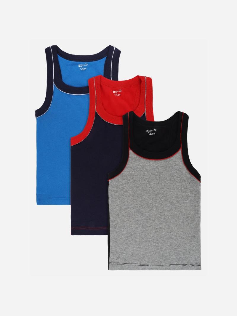 Boys cotton innerwear vests multipack in blue, navy, and grey colors, sleeveless design