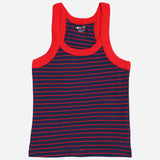 Kids navy blue and red striped sleeveless innerwear vest with contrasting neckline