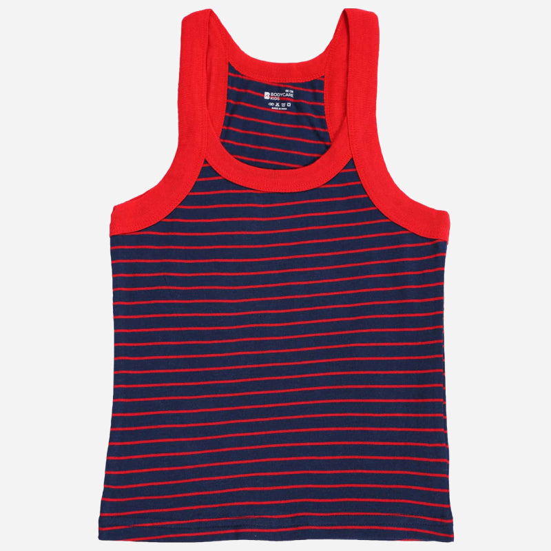 Kids navy blue and red striped sleeveless innerwear vest with contrasting neckline