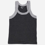 Kids' black and grey striped sleeveless vest with grey neckline and armholes