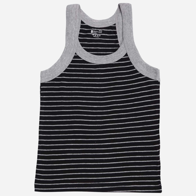 Kids' black and grey striped sleeveless vest with grey neckline and armholes