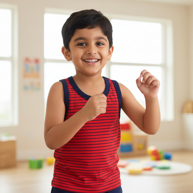 Smiling boy in red striped sleeveless innerwear vest standing indoors