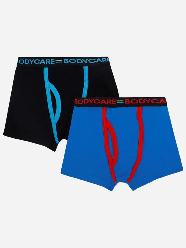 Kids innerwear boxer briefs multipack, one black with blue trim, one blue with red trim, elastic waistband.