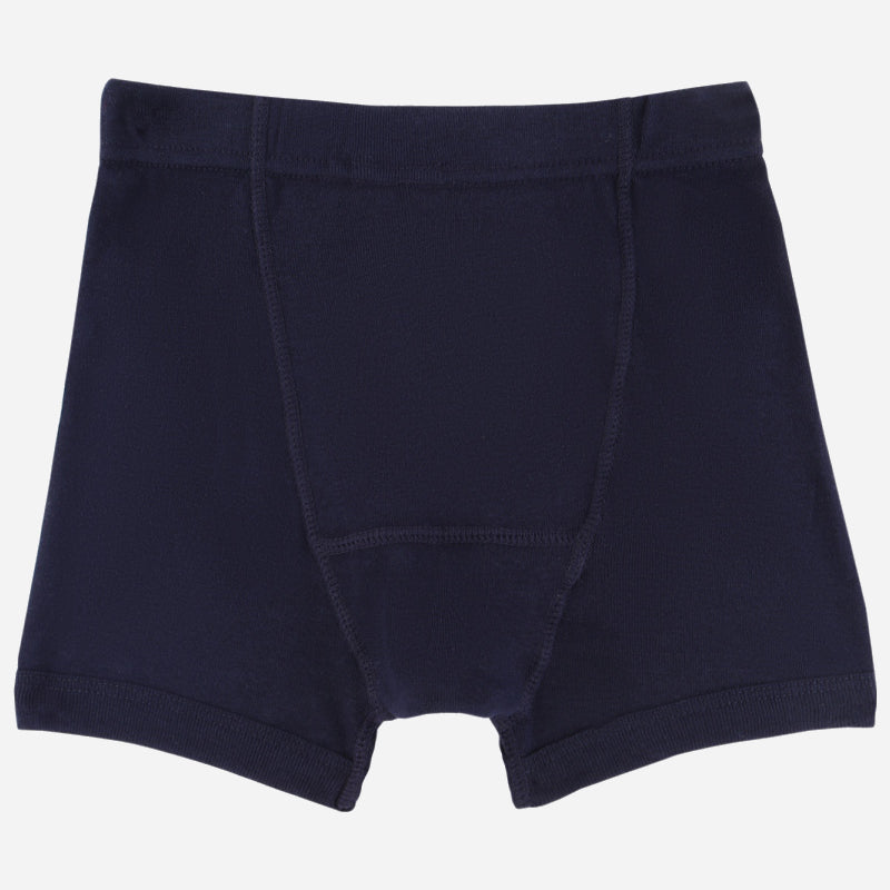 Navy blue boys boxer briefs, soft stretch fabric, kids innerwear on white background