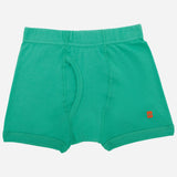Green boys' cotton trunks underwear with elastic waistband and front fly, laid flat