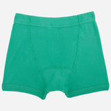 Green kids cotton boxer brief underwear, soft fabric, front view, isolated on white