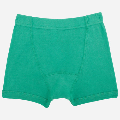 Green kids cotton boxer brief underwear, soft fabric, front view, isolated on white