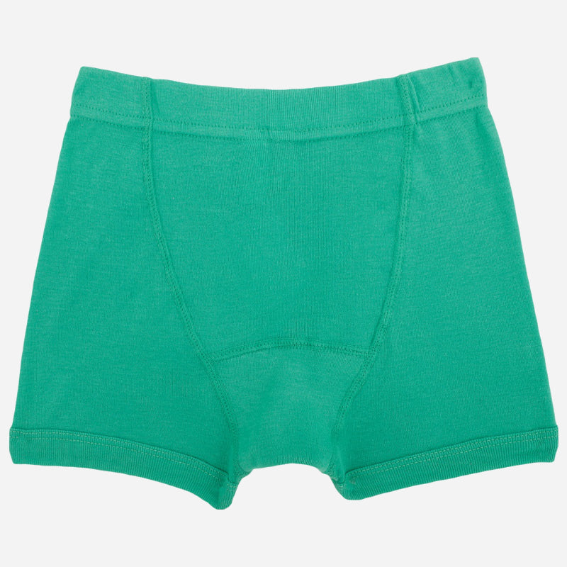 Green kids cotton boxer brief underwear, soft fabric, front view, isolated on white