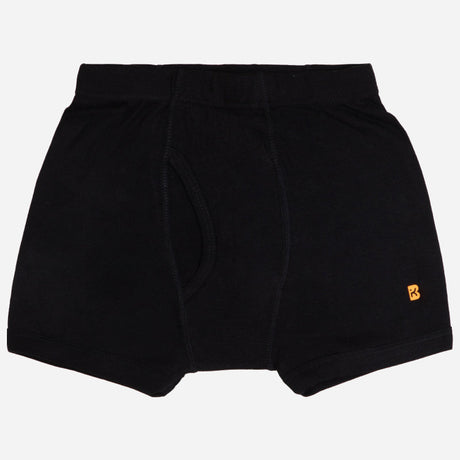 Black boys' cotton boxer briefs with elastic waistband and small yellow logo on leg