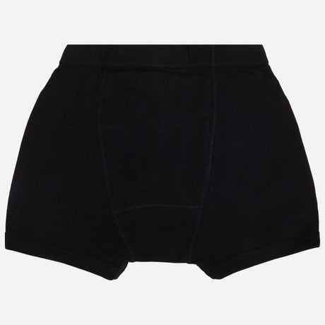 Black kids innerwear shorts with elastic waistband and comfortable fit, front view
