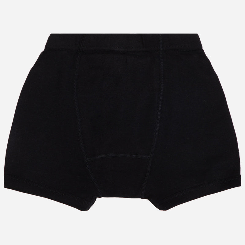 Black kids innerwear shorts with elastic waistband and comfortable fit, front view