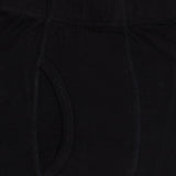 Close-up of black boys' cotton innerwear with elastic waistband and stitched fly