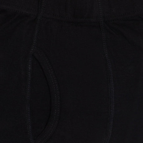 Close-up of black boys' cotton innerwear with elastic waistband and stitched fly