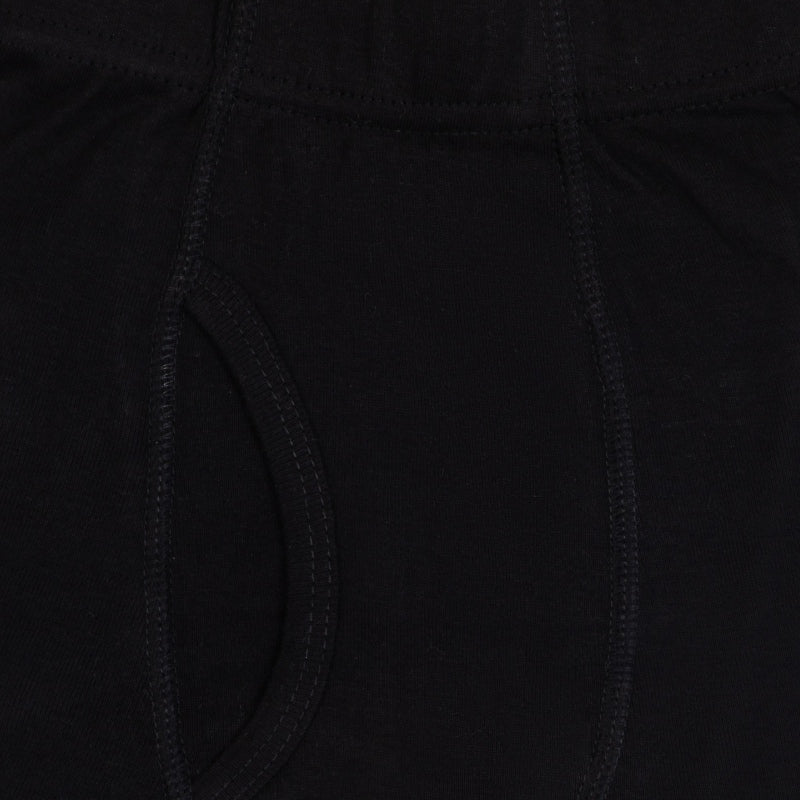 Close-up of black boys' cotton innerwear with elastic waistband and stitched fly