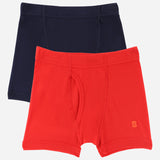 Kids innerwear multipack with one red and one navy blue cotton boxer briefs