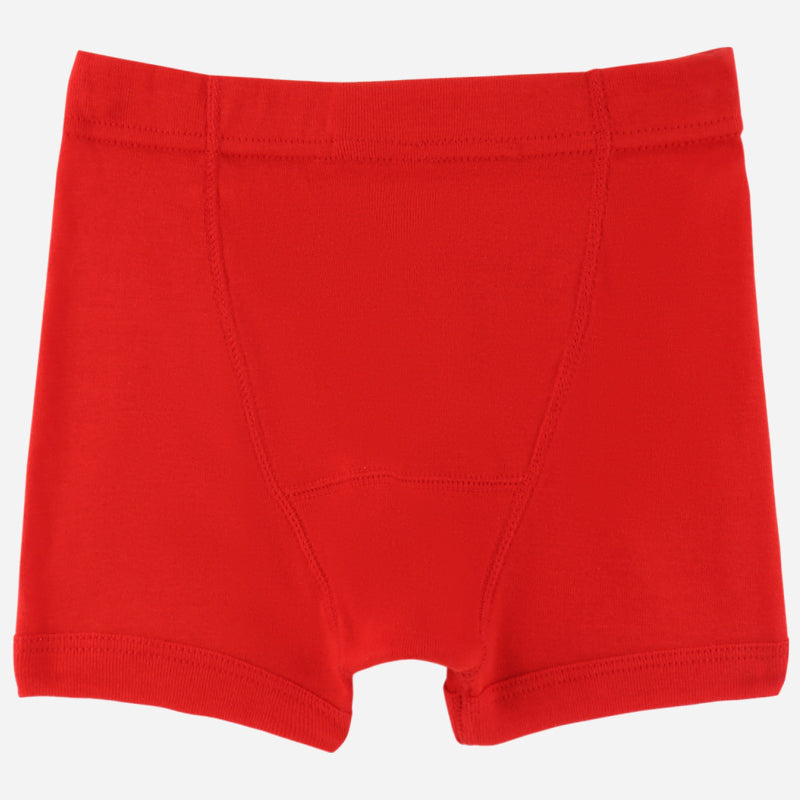 Red kids boxer brief underwear, soft fabric, comfortable fit, front view on white background