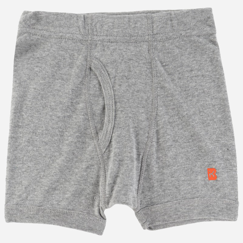 Grey boys' cotton innerwear shorts with elastic waistband and front fly, kid's underwear