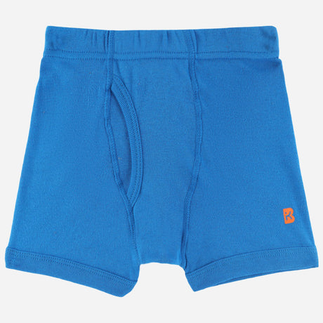 Blue kids boxer brief innerwear with elastic waistband and orange logo on leg