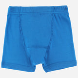 Bright blue kids' cotton boxer brief with comfortable elastic waistband on white background