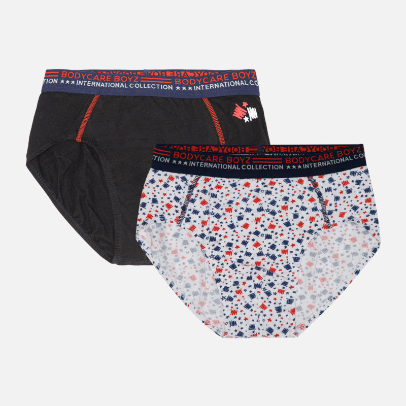 Assorted boys' innerwear brief combo with printed and solid designs, elastic waistband