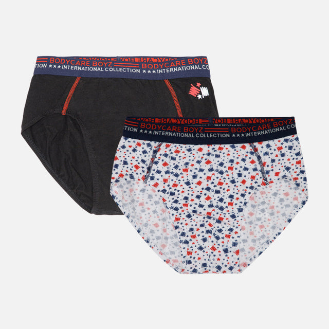 Assorted boys' innerwear brief combo with printed and solid designs, elastic waistband