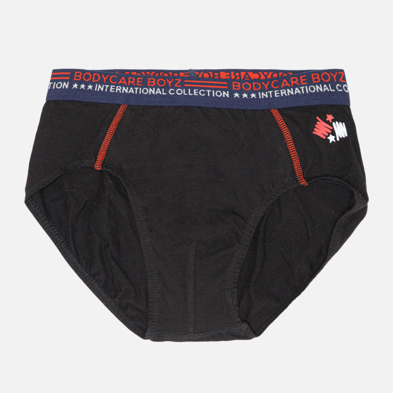 Black boys' cotton brief underwear with red stitching and branded waistband.