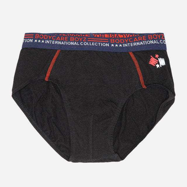Black boys' cotton brief underwear with red stitching and branded waistband.