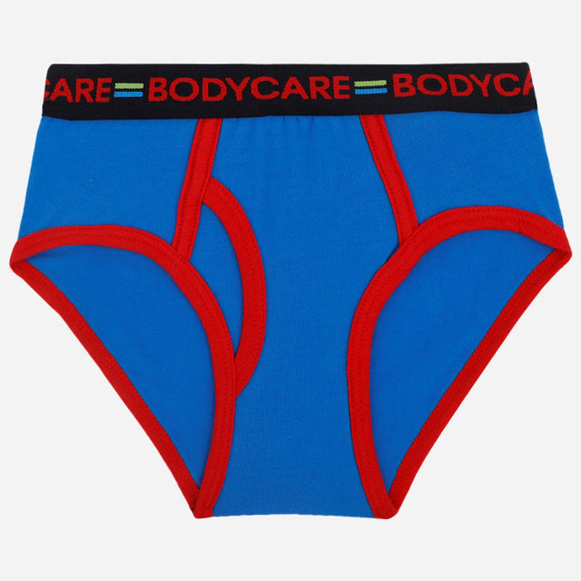 Blue boys briefs with red trim and elastic waistband, kids innerwear front view