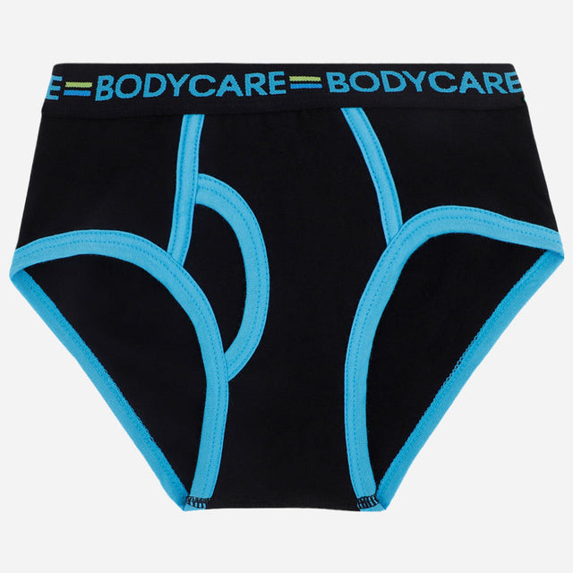 Black boys' brief underwear with blue trim and waistband featuring BODYCARE text