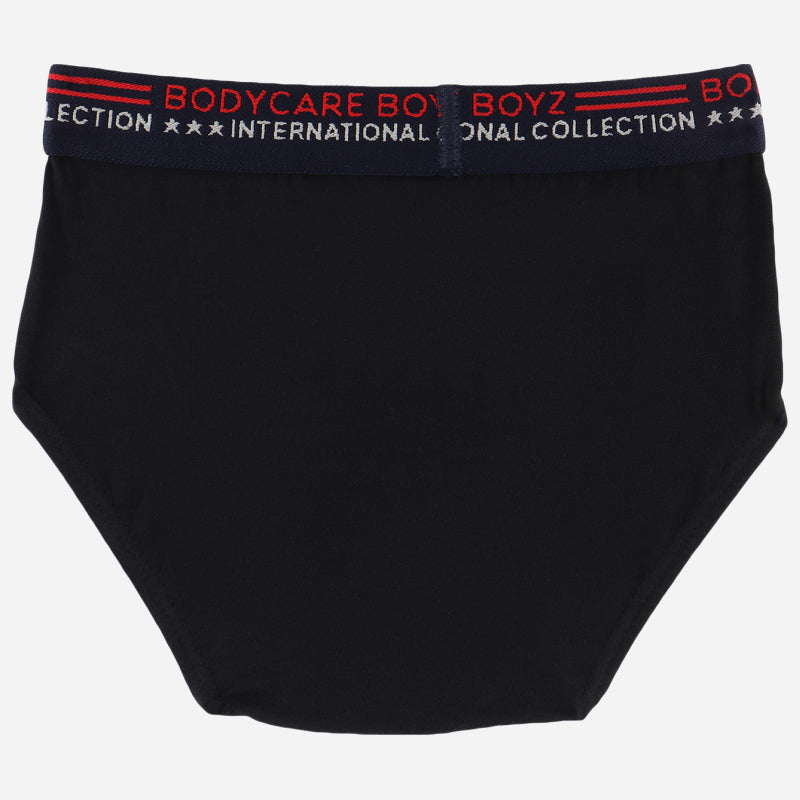 Boys black cotton brief underwear with elastic waistband and red text detail