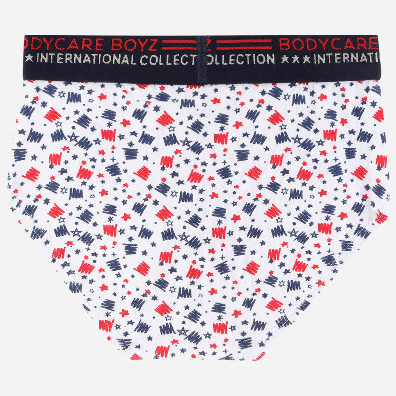 Boys' white printed underwear with red and navy doodle pattern and elastic waistband
