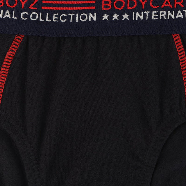 Black boys underwear with red stitching and navy elastic waistband featuring white and red text