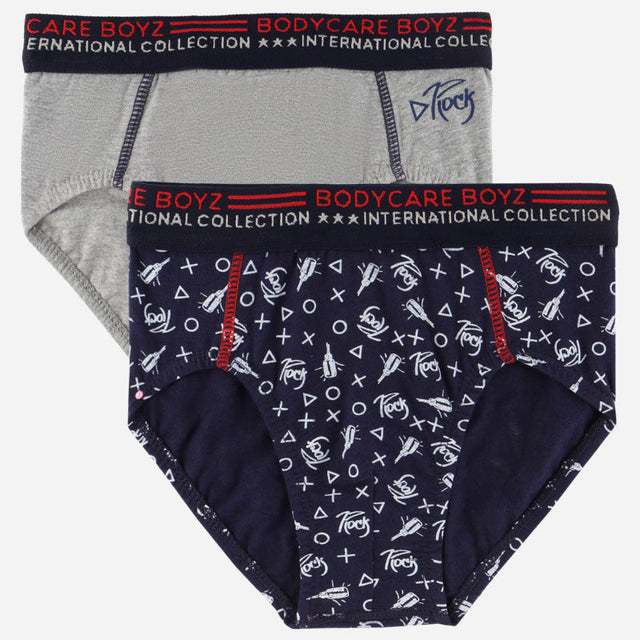 Boys' innerwear briefs pack, one grey and one navy with space and text print, elastic waistband