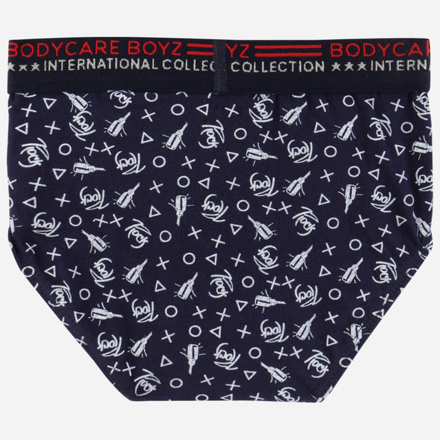 Navy blue boys' innerwear brief with rockets and geometric print, elastic waistband