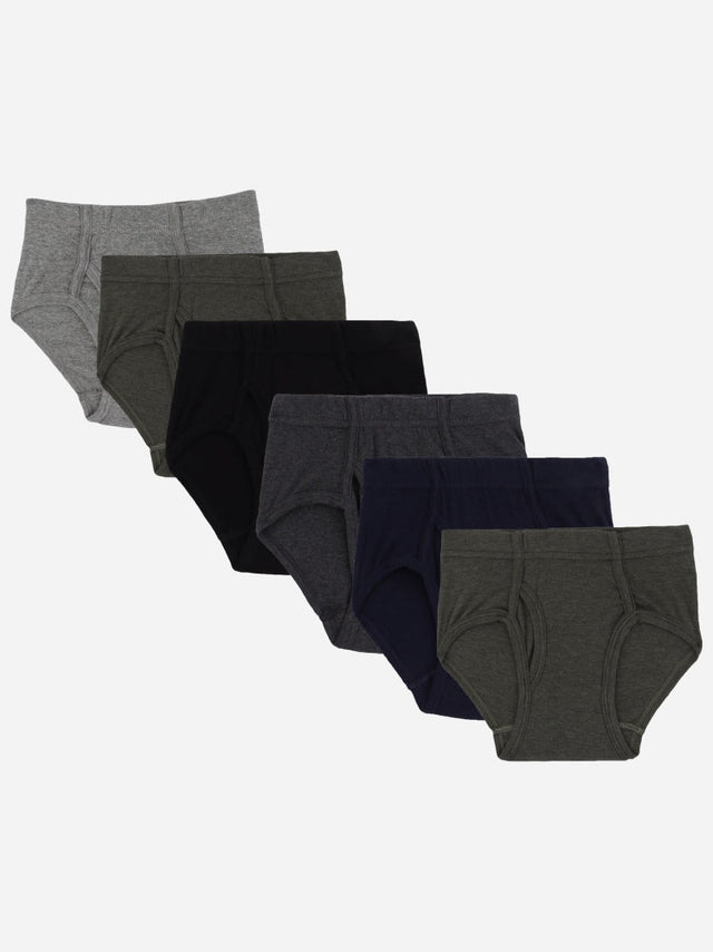 Set of six boys' cotton briefs in assorted dark and grey colors, kids innerwear multipack