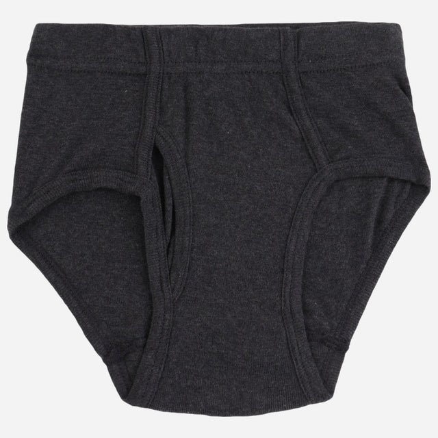 Kids’ dark grey cotton innerwear brief with elastic waistband, front view
