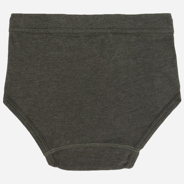 Dark grey cotton kids brief underwear with soft fabric, front view on white background